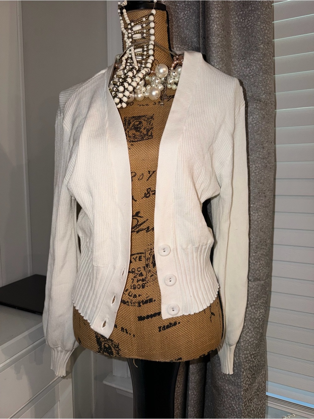 INC International Concepts Cream Ribbed Button-Up Cardigan